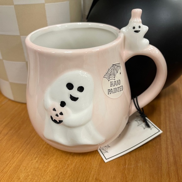 Halloween Pink Ghost Hand painted Ceramic Coffee Mug w/ Baby ghost Handle NWT - Picture 1 of 4